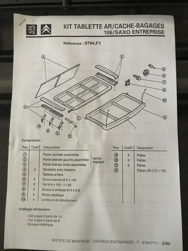 8794FY Kit chapeleira traseira Citroen Saxo comercial